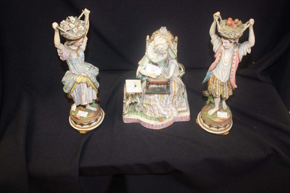 A pair of Gean Jill figures (af); and a Meissen style figure of a seat lady (af) (3)