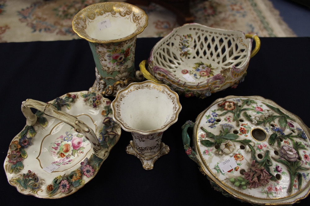 A Coalbrookdale style circular twin-handled pot pourri pot and cover (af); two Copeland trumpet