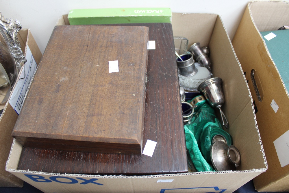 Plated flatware, including a canteen of Al flatware; sugar tongs; toast rack; etc; malachite desk