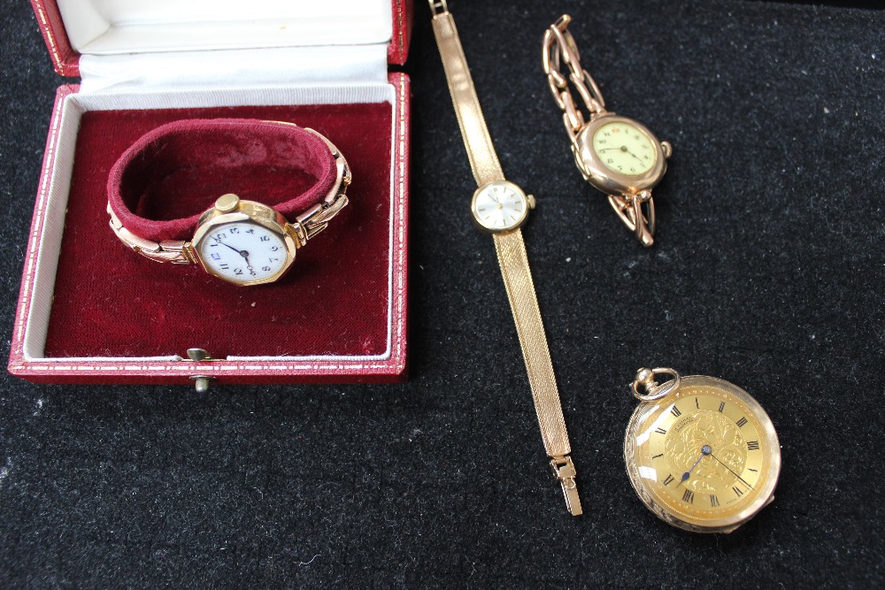 A ladies 9ct gold 'Omega' ladies bracelet watch; a 1920s 9ct gold ladies bracelet watch; another 9ct