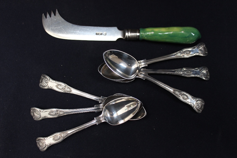 A set of six Victorian silver teaspoons; a silver knife with green ceramic handle