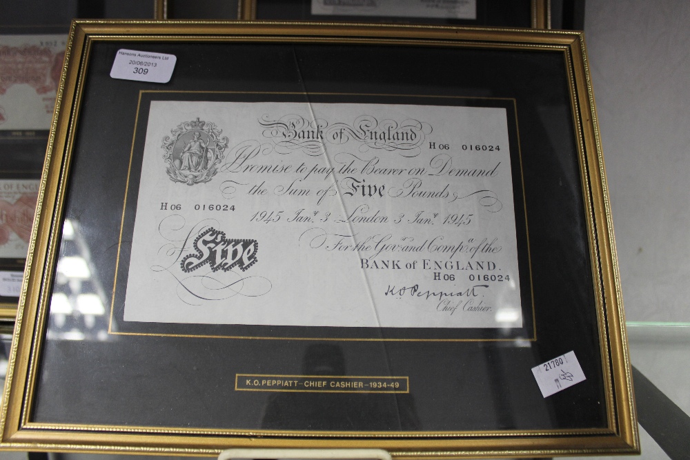 A bank of England white £5 Peppiatt, framed.