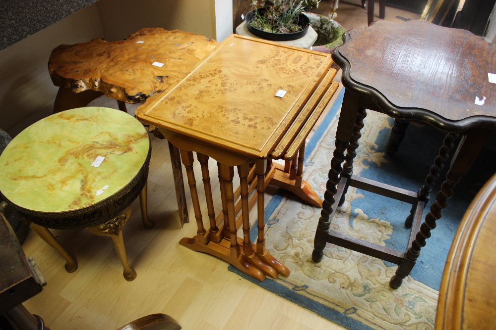 Olive wood coffee table; nest of tables with maple veneers; onyx coffee table, matching table lamp &