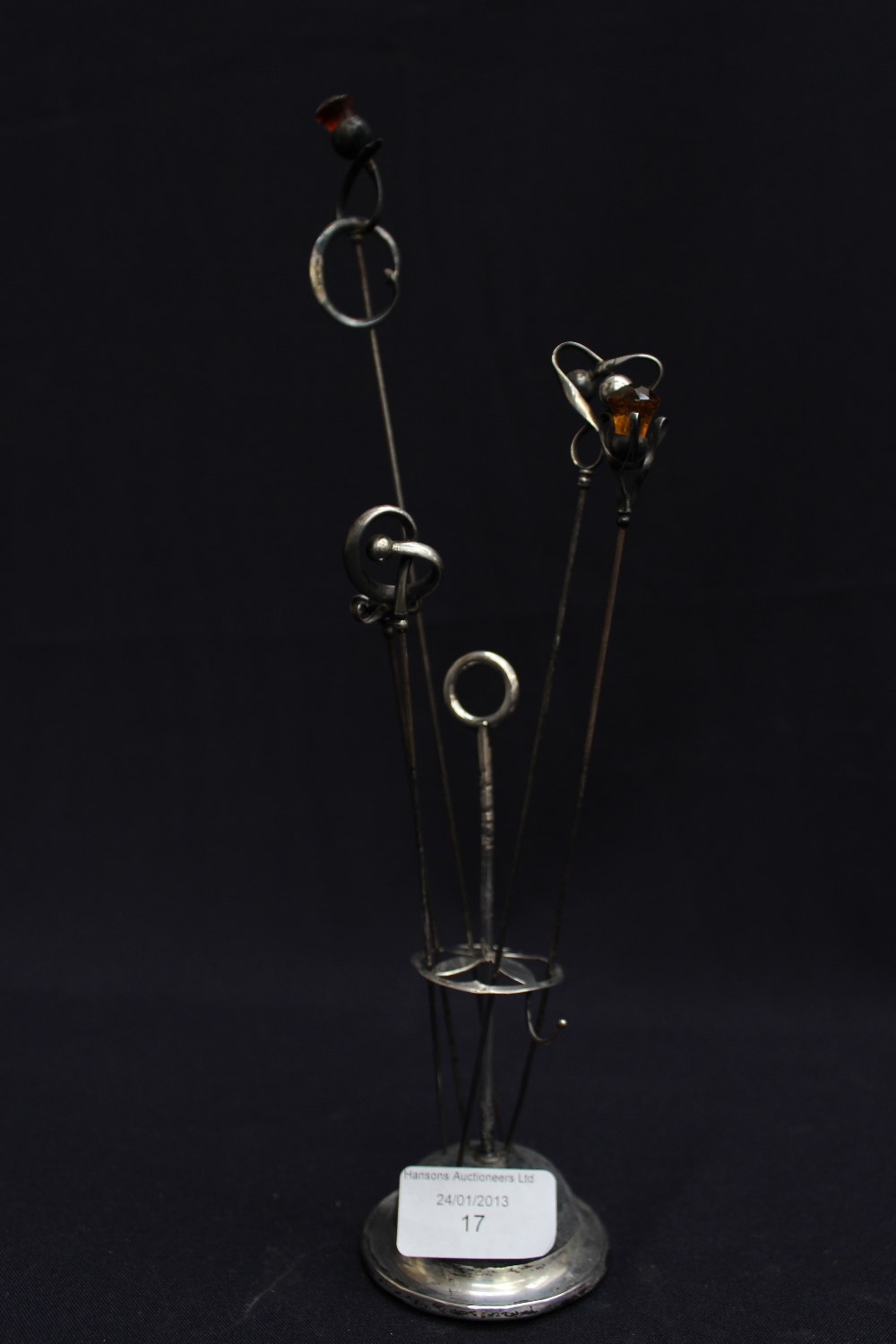 hallmarked silver hat pin stand together with five Charles Horner silver-topped hat pins