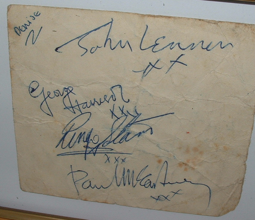Complete Beatles` autographs, on card, framed, with ``Denise`` in top left-hand corner, al with
