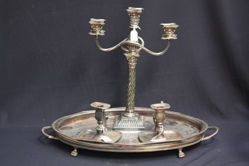 three-branch classical style candelabrum, pair of Sheffield plate candle holders and snuffers,