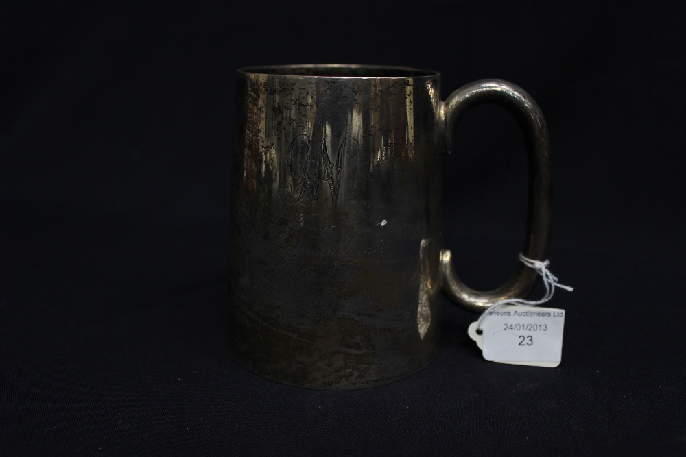 Birmingham hallmarked silver pint tankard with inscription, maker H.F and C