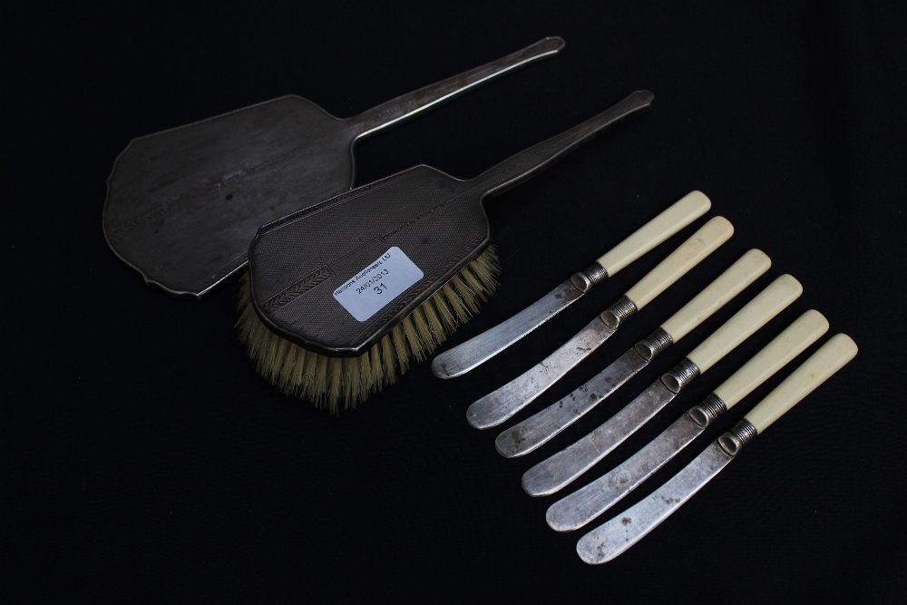 Silver hair brush and mirror; six tea knives (EPNS)