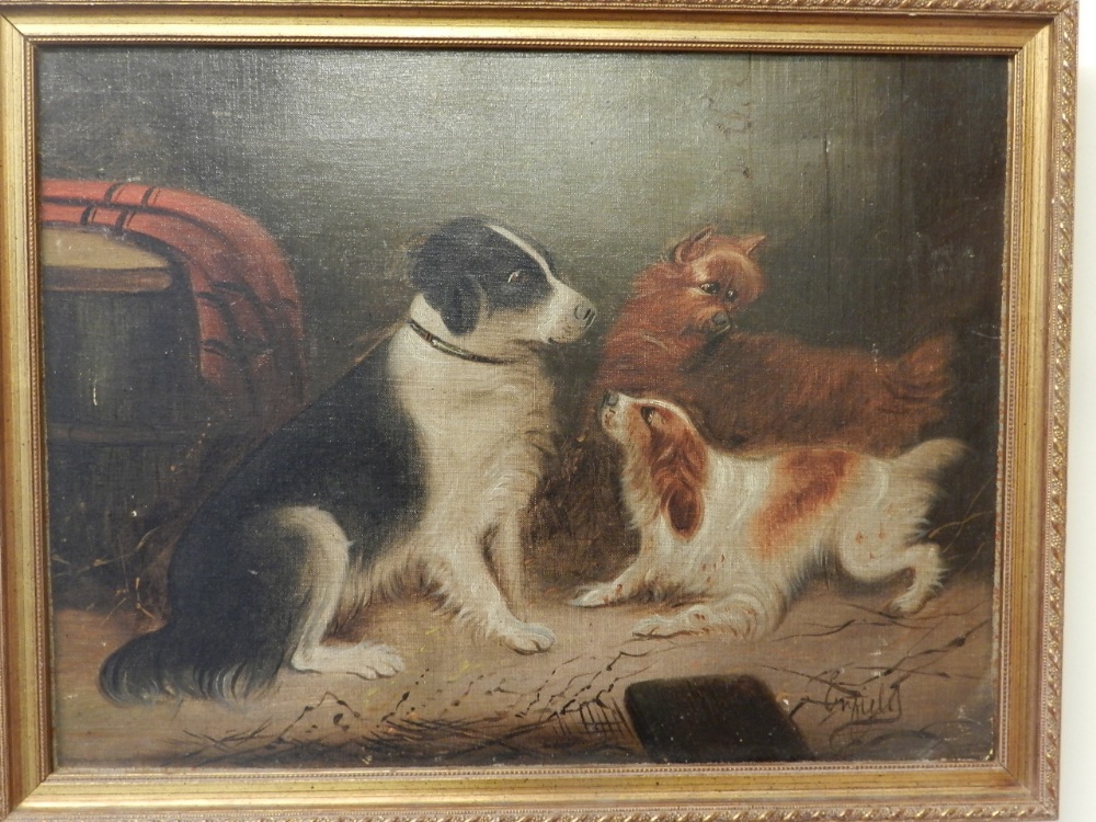 An interior study of dogs at play, in the 19th century manner, signed 'Enfield' bottom right, oil on