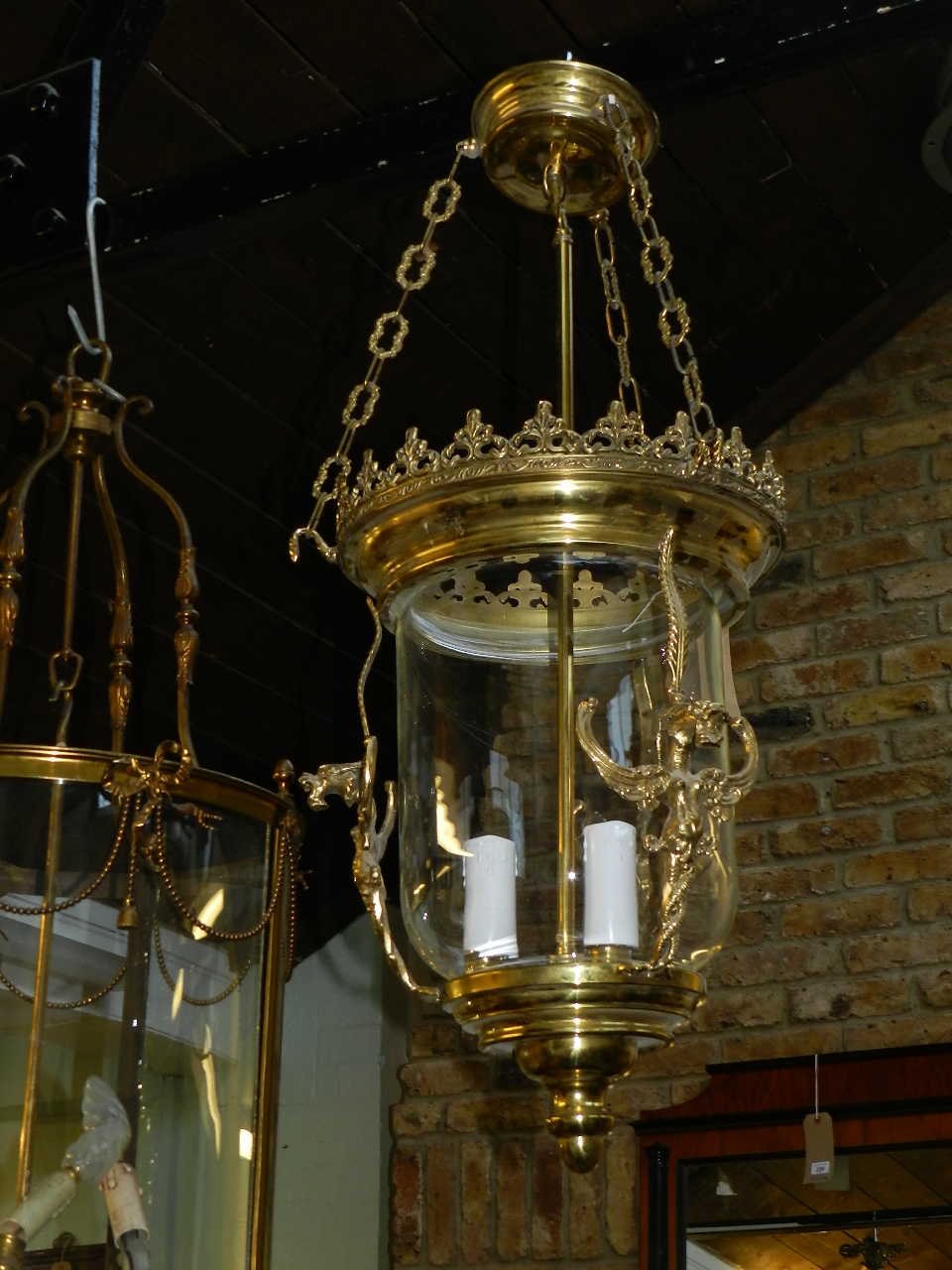 A Christopher Wray brass and lucite panelled centre light, and a Victorian style glass and brass