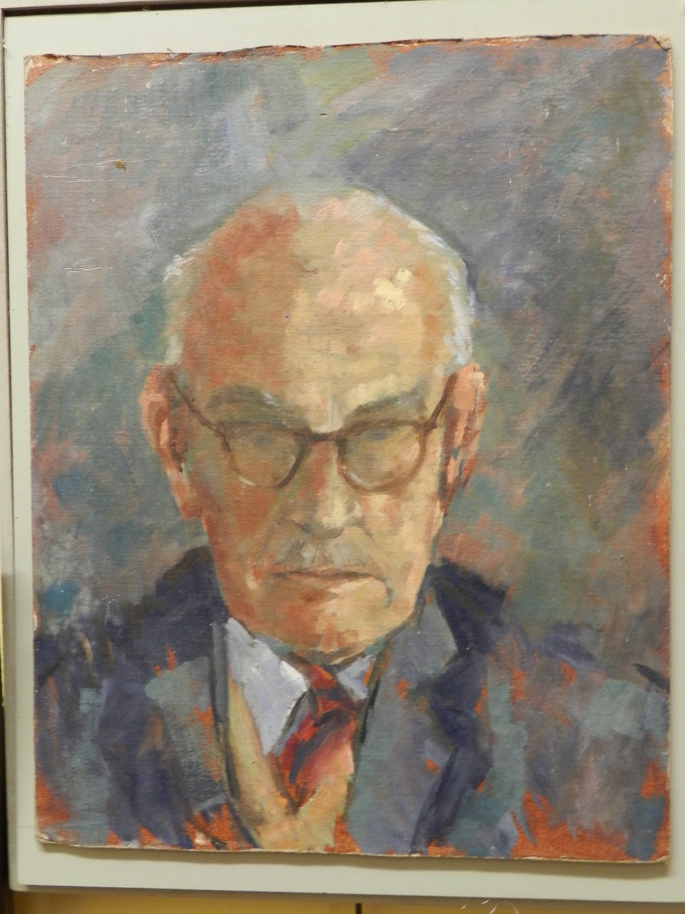 20th century British school, portrait of an elderly gentleman wearing glasses, acrylic on board.