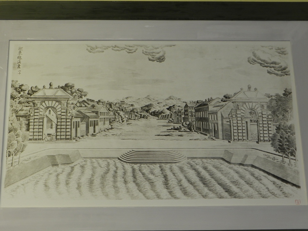 A Chinese monochromatic architectural etching of the Garden of Perfect Brightness, within the Old