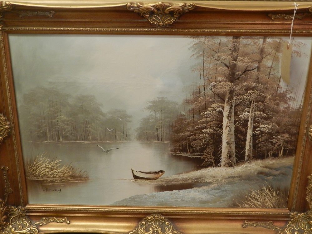 A large oil on canvas depicting a lake scene, signed lower left.