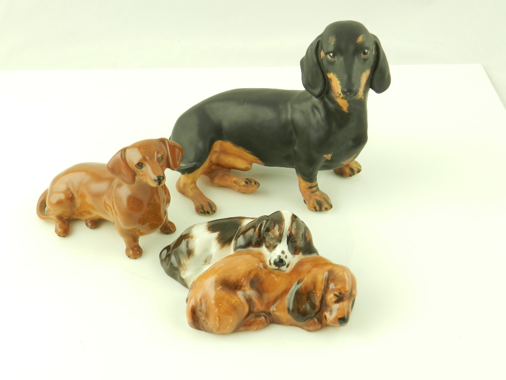 A Coalport study of a seated Dachshund, one other Beswick example and a Royal Doulton group of two