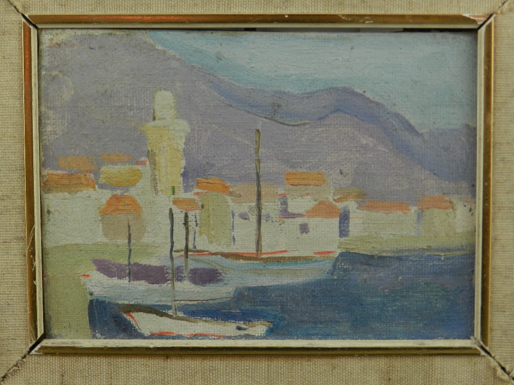 Babara Dorf (contemporary British school),  'Harbour Scene', a study of sailboats with mountains