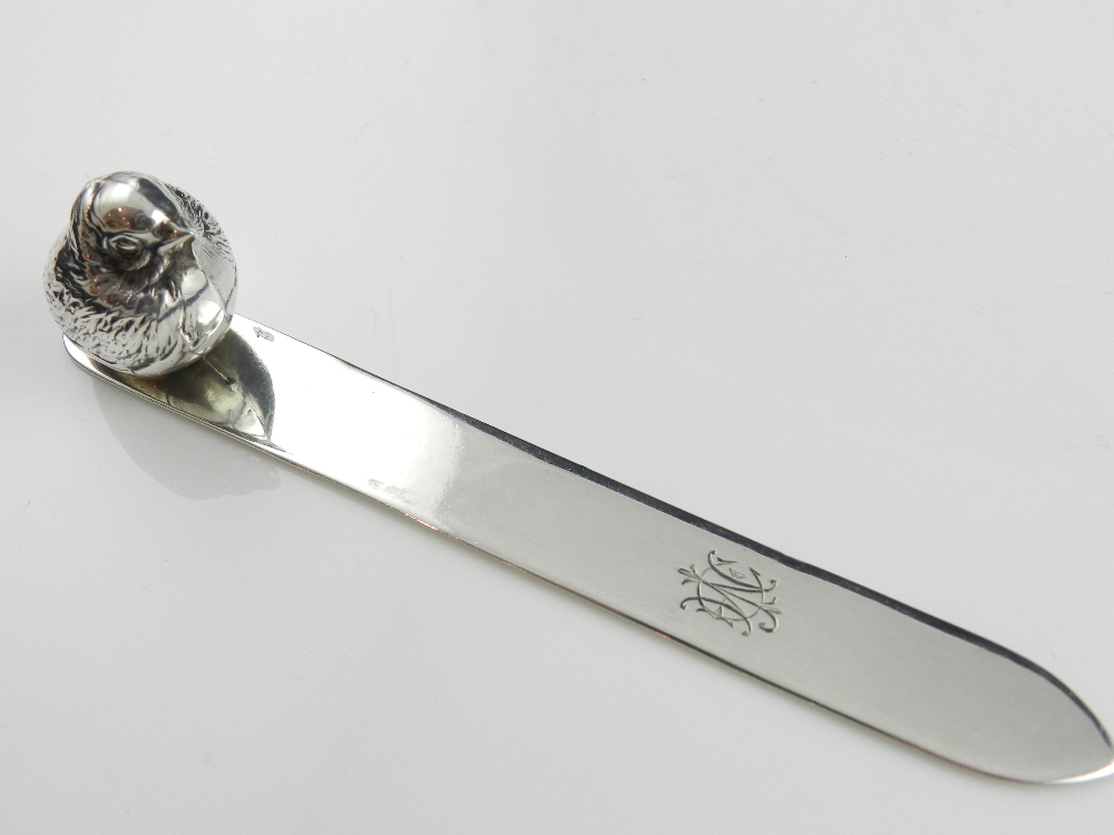 Sampson Mordan. A silver letter opener, mounted with chick, hallmarked Chester 1913.