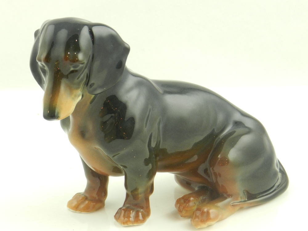 A Karl Ens porcelain study of a seated dacshund.