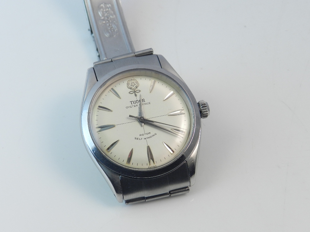 A gentlemen's Tudor 'Oyster Prince' stainless steel wristwatch with batton markers, set automatic