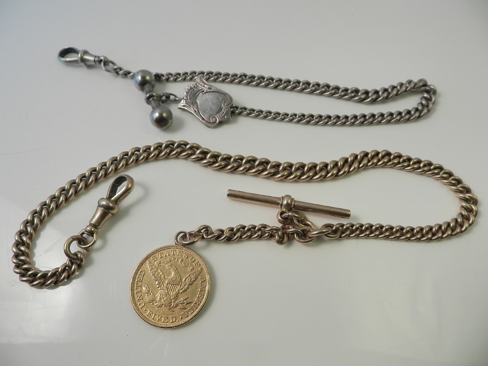 A 9ct gold hallmarked Albert chain with 1895 American five D charm together with a hall marked