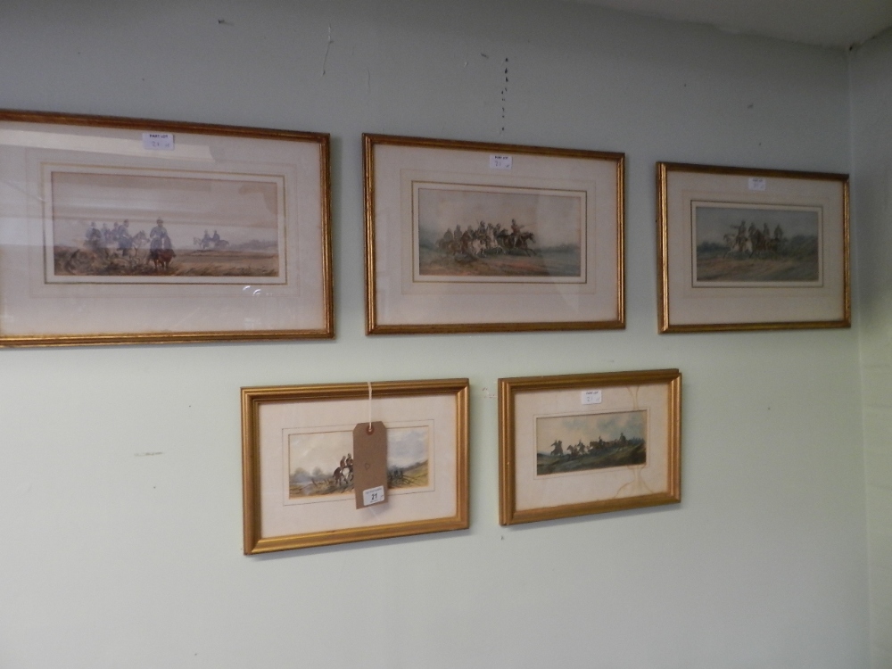 Five various gilt framed turn of the last century water colours of horse back military interest