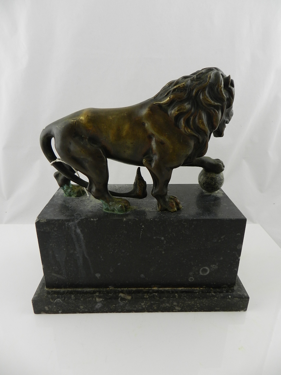 A bronze model of a lion raised on a marble base