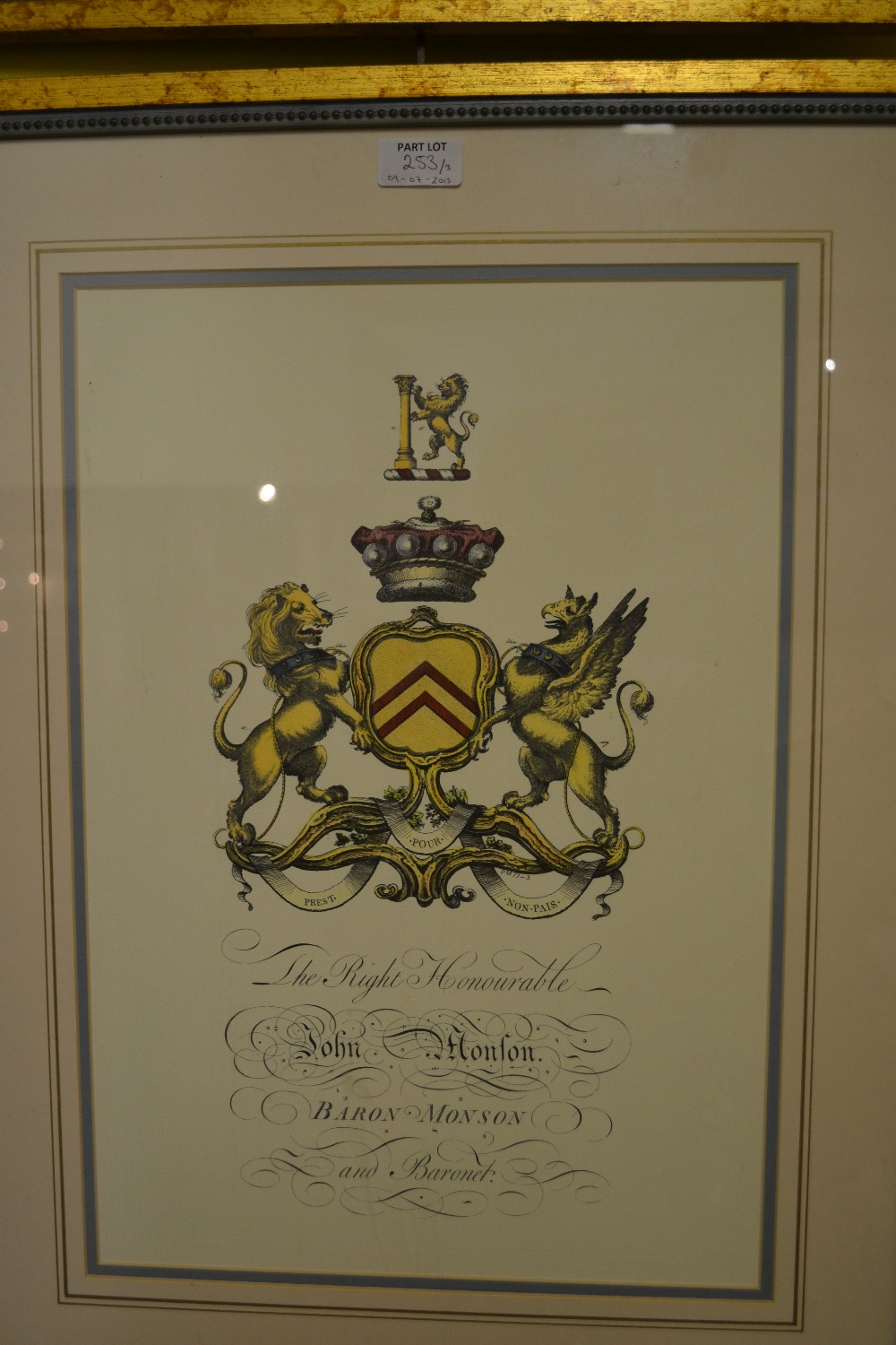 Three glazed and framed polychromatic coats of arms, the Right Honourable Robert Hampden Baron