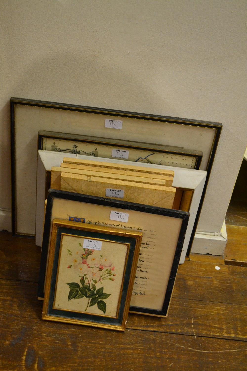 A framed and glazed set of polychromatic prints of herbs in pots, two framed prints of ships, a