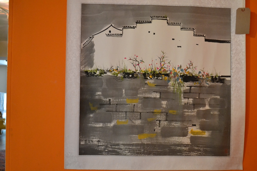 An unframed Chinese picture of a wall garden after Wu Guan Zhong