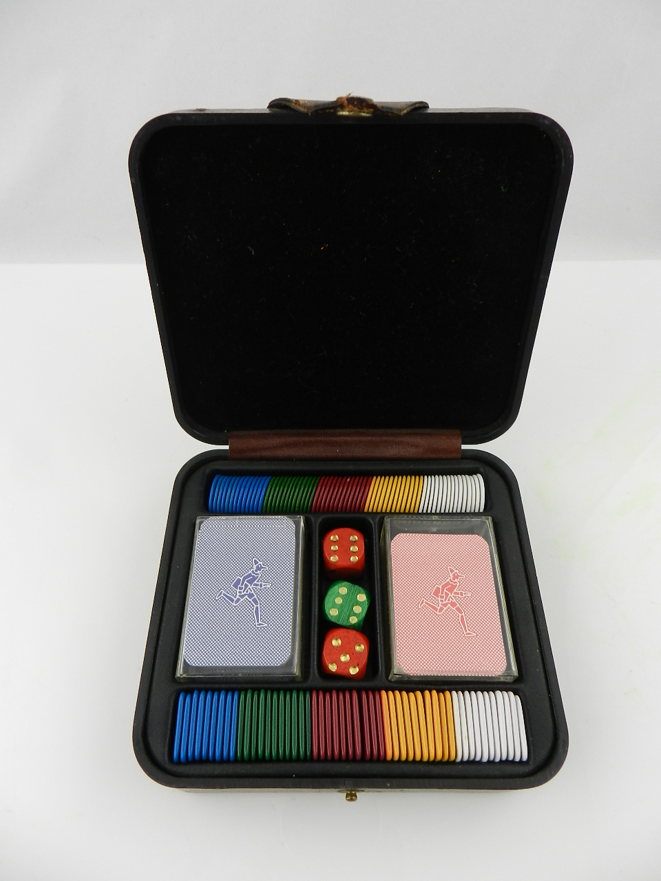 A leather cased Italian miniature games compendium and brass and rosewood rectangular box hinged