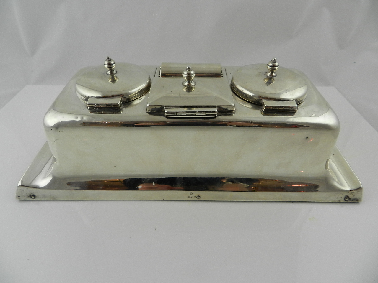 A James Dixon and Sons Hallmarked silver table top desk set of central stamp holder and roller
