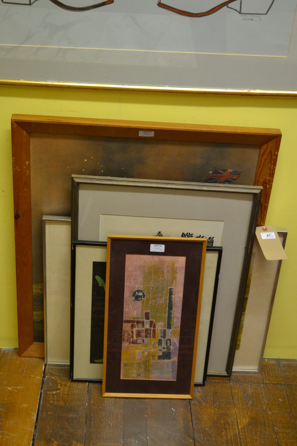 A framed and glazed Sepia and ink abstract by Vincent Colbert, a framed two coloured screen print of