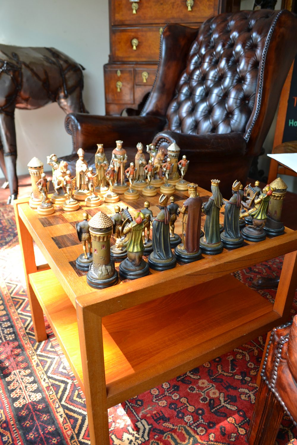 A rare anri montsalvat hand carved and gilded maple wood chess set. Kings and Queens in original