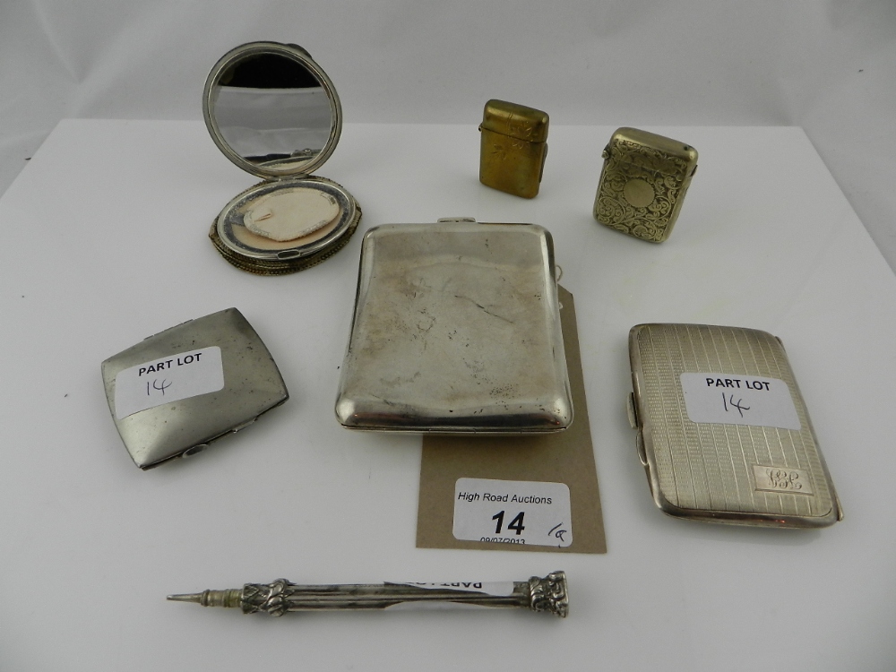 Two hall marked silver cigarette cases, two compacts, two Vestas and a Samuel Morders hall marked