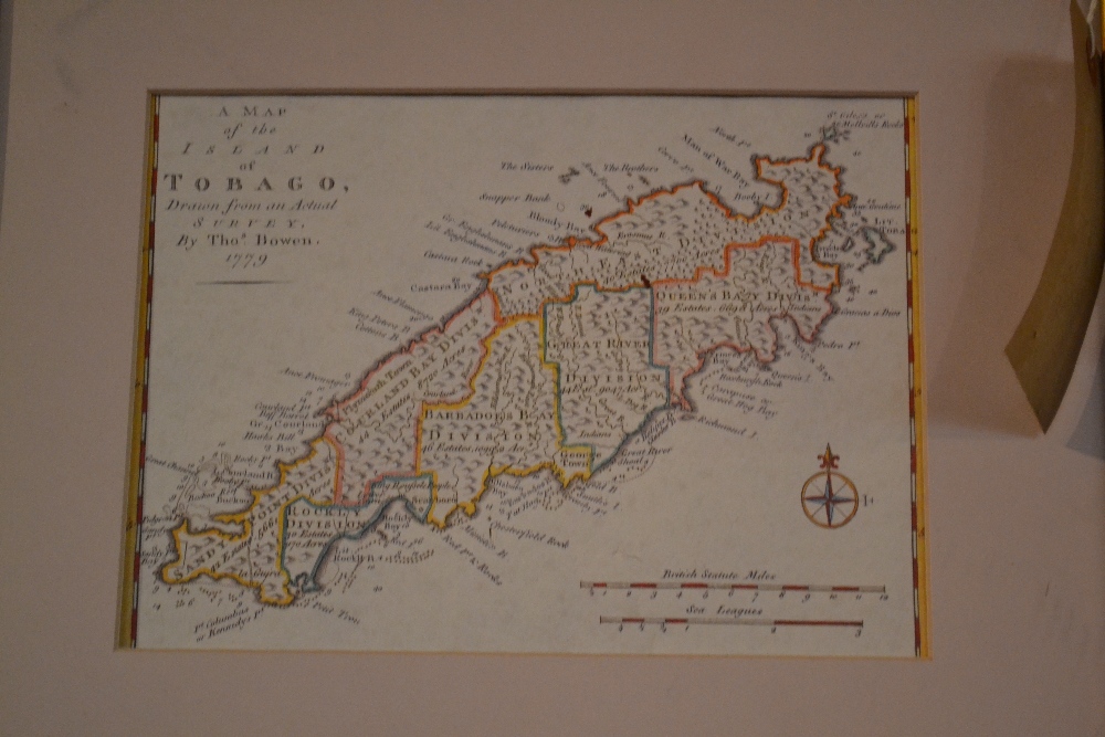 An authentic 1779 map of the Island of Tobago, hand coloured in a mahogany frame.