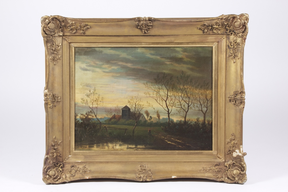 19th century oil on canvas depicting a rural country scene at twilight, in gilt frame, 38 x 51 cm.