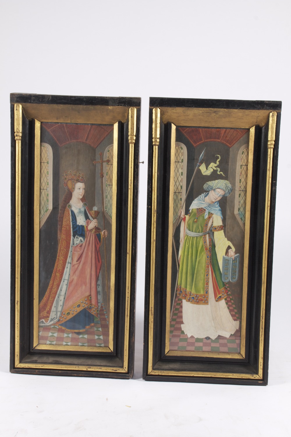 Pair of Medieval style watercolours depicting women in symbolic poses in ebonised gilt frames, 59