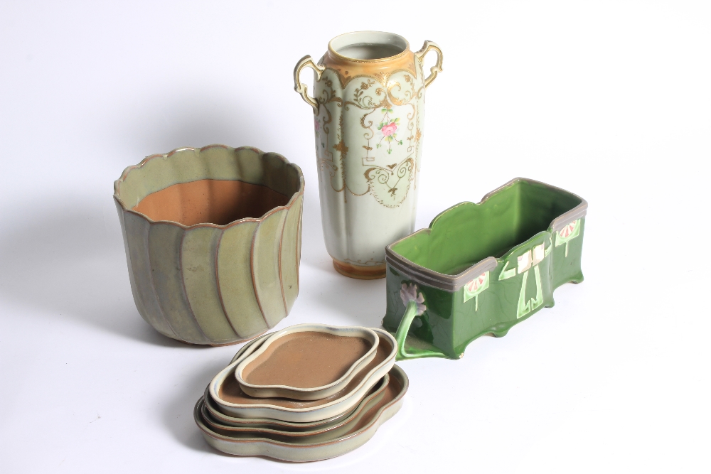 A collection of green glaze ceramic pots and vases including an Art Nouveau Eichwald ferner.