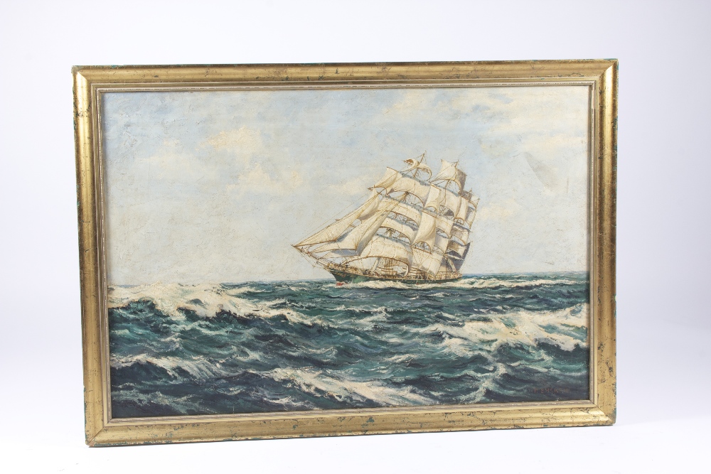 19th century oil on canvas depicting a clipper on choppy seas, 92 x 61 cm.