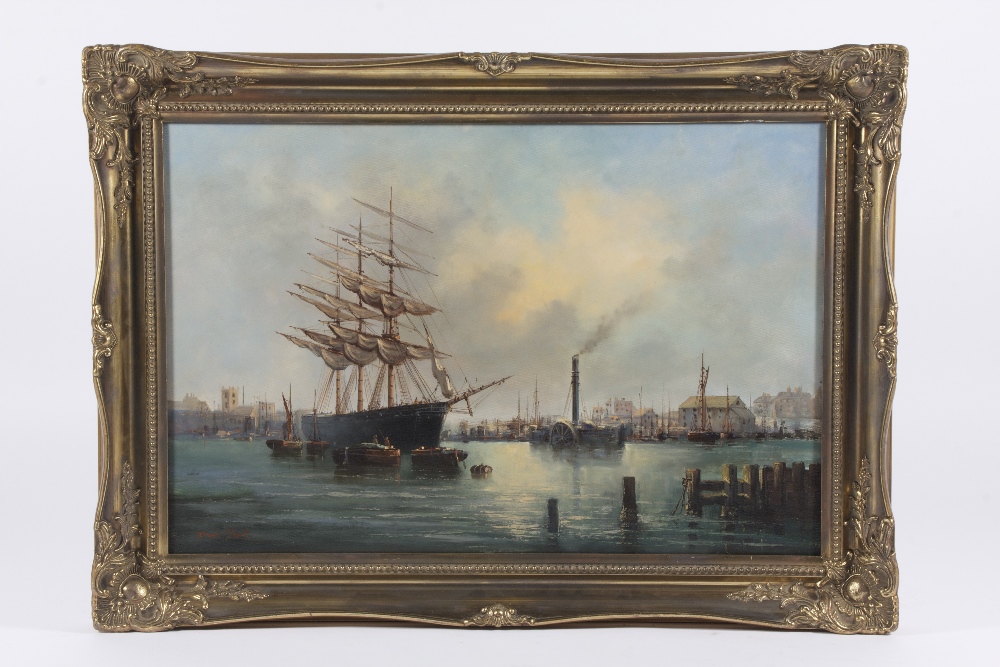 20th century oil on canvas depicting a ship and boats in a harbour below a blue sky, signed `David