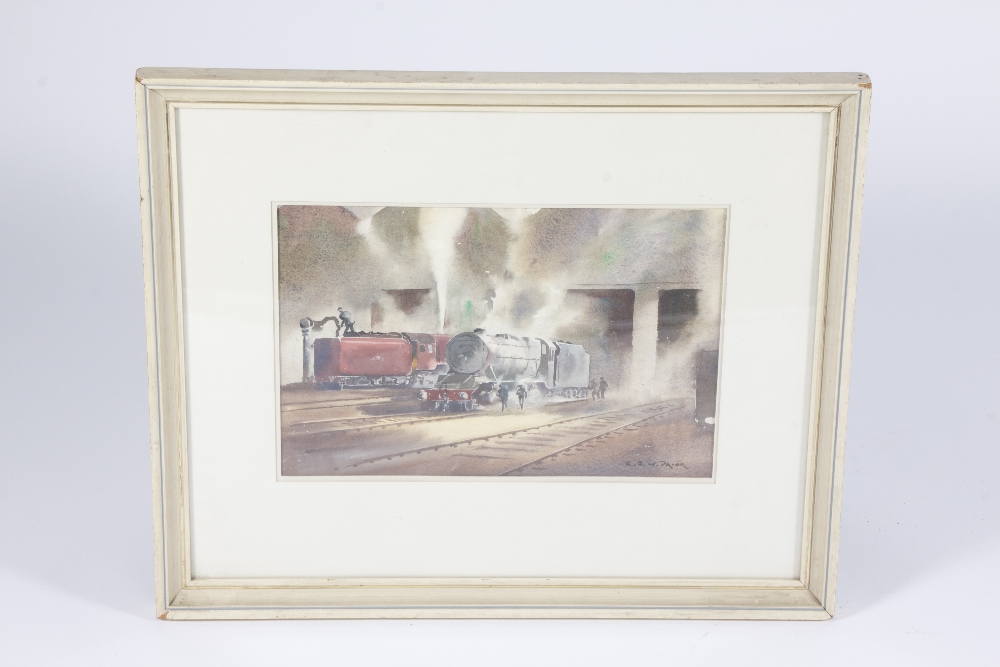 Mounted and framed watercolour of a steam engine being refilled, signed E.J.W. Prior, 34 x 23 cm.