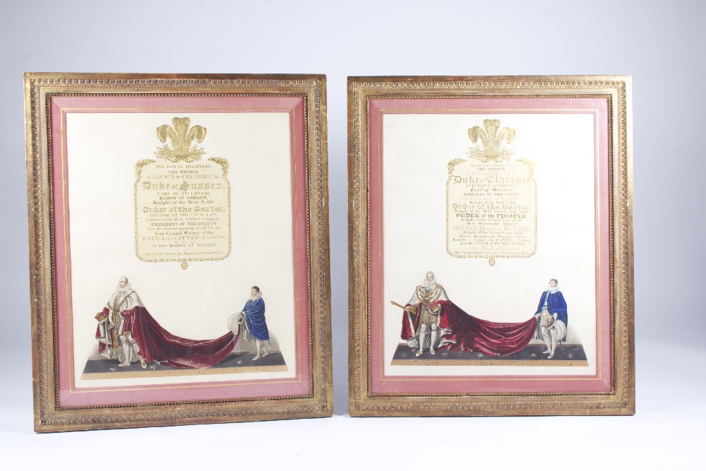 A pair of coloured and gilt Royal certificates, 64 x 52 cm.