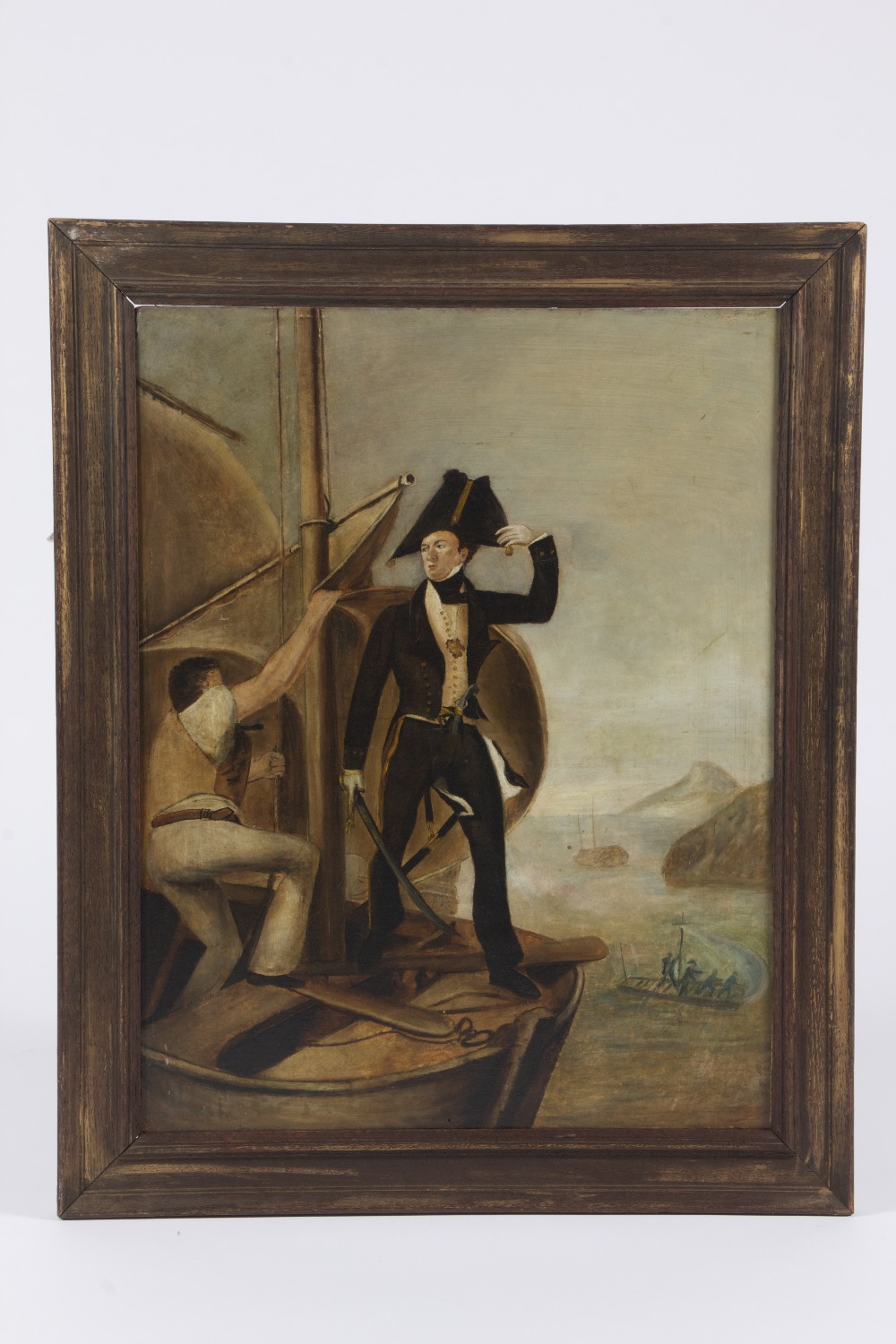 Oil on board depicting early 19th century naval explorers finding new land, 38 x 49 cm.