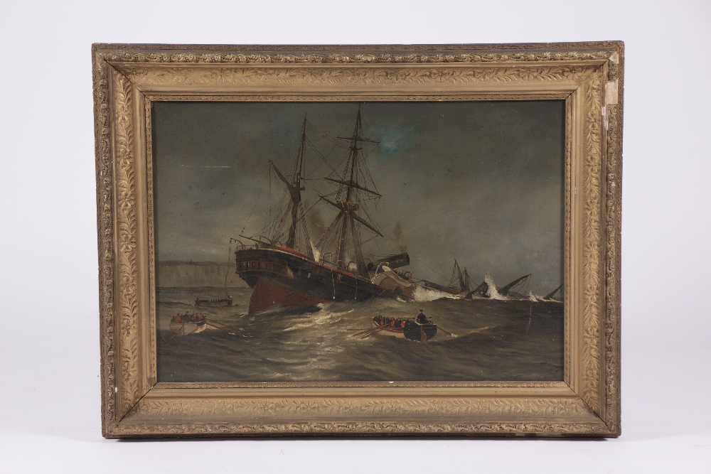 19th century oil on canvas depicting a nautical scene of a sinking ship surrounded by the rescued