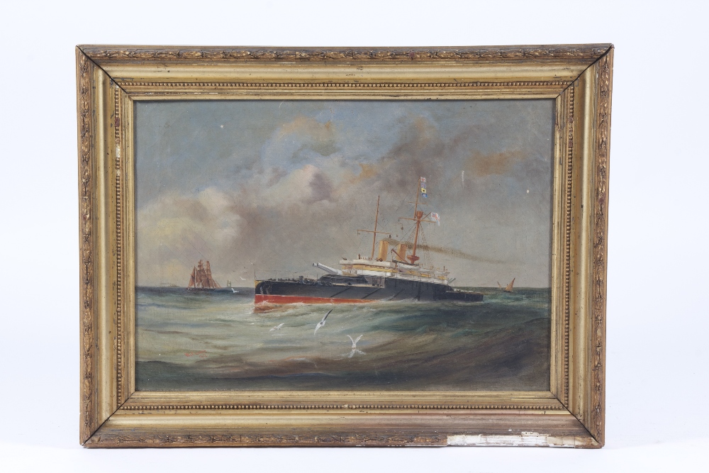 Gilt framed 19th century oil on canvas seascape of marine interest depicting a naval ship on the