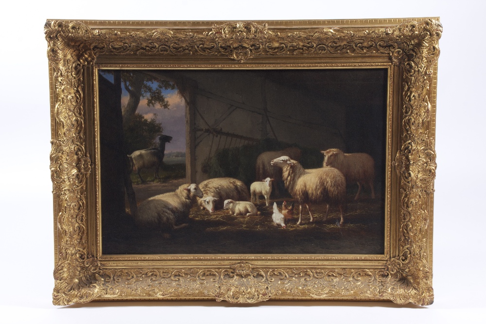 Gilt framed 19th century oil on canvas of pastoral stable scene with sheep, lambs, chickens, and a