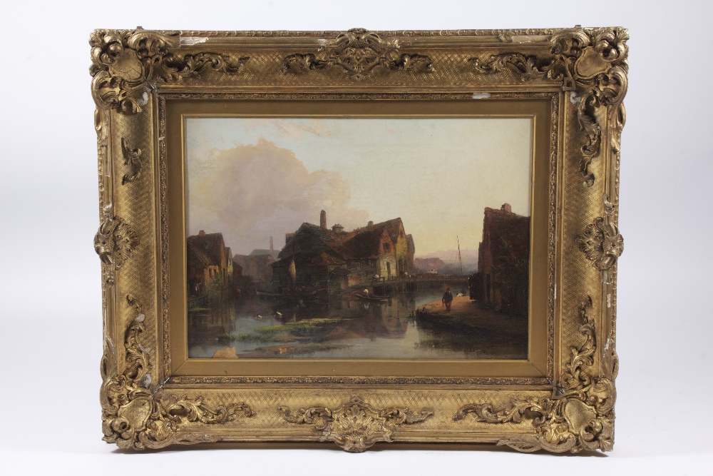 19th century oil on canvas of a Dutch village scene with houses on the banks of a river and