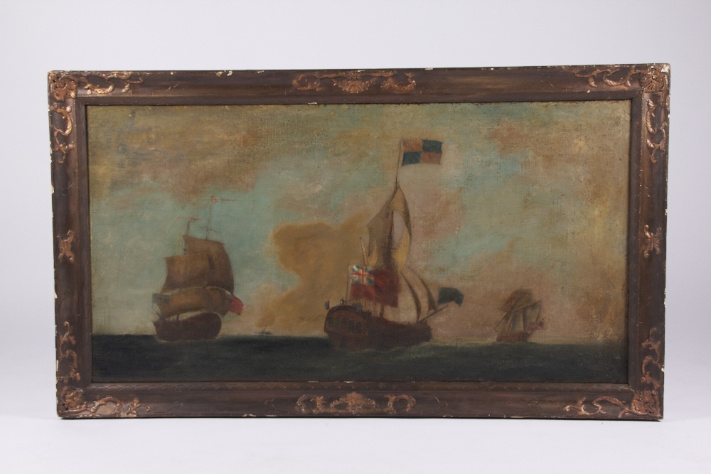 19th century oil on canvas depicting galleons on the sea, 101 x 53 cm.