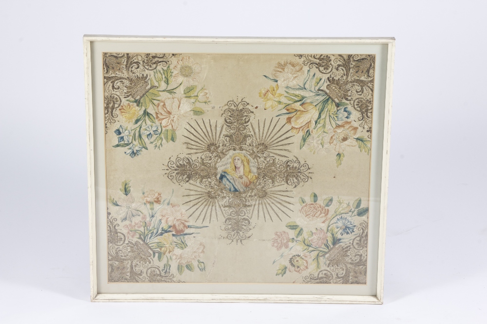 18th century gold thread and silk devotional embroidery, 48 x 54 cm.