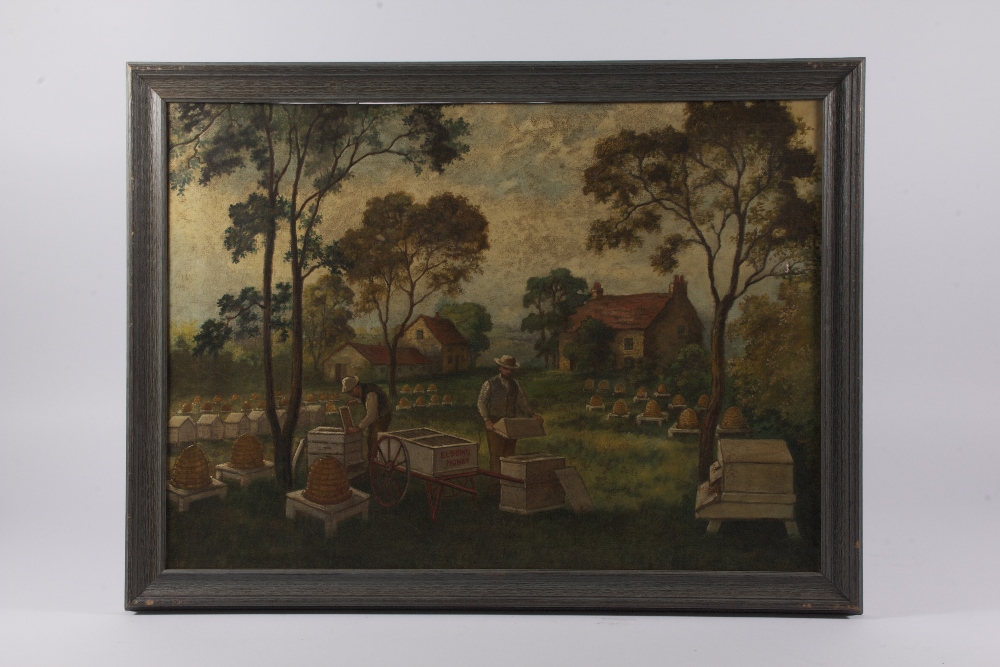 19th century pastoral scene of beekeepers in a rural landscape with cottages and trees in a