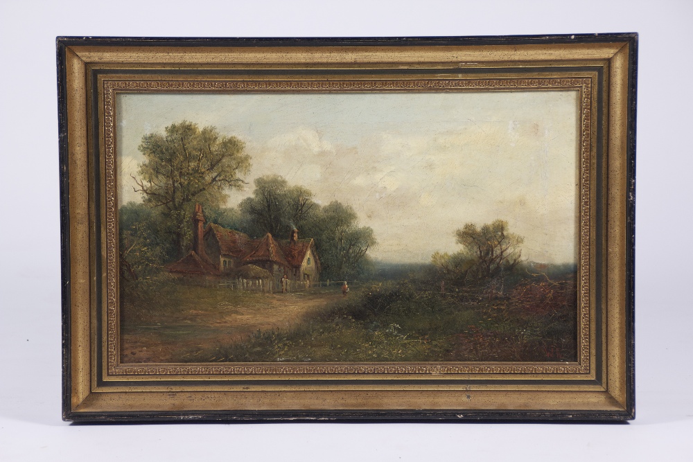 A romantic oil on canvas depicting a country cottage in a rural scene, 51 x 31 cm.